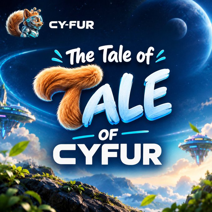 A colorful fantasy book-style cover titled “The Tale of TALE OF CYFUR,” featuring a robotic squirrel, planets, floating structures, clouds, and mountains.