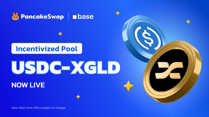 The image features a poster for PancakeSwap's USDC-XGLD pool, which is an incentivized coin pool designed to provide liquidity and stack yield. The poster includes two gold coins with the text "Gold-plated yield fresh off the griddle" and "USDC-XGLD is live on PancakeSwap @base". The background of the poster is blue, and there are stars scattered around it, adding a festive touch to the image.