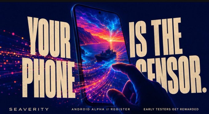 Promotional banner reading 'YOUR PHONE IS THE SENSOR' for Seaverity's Android Alpha, with text 'ANDROID ALPHA // REGISTER' and 'EARLY TESTERS GET REWARDED' at the bottom.