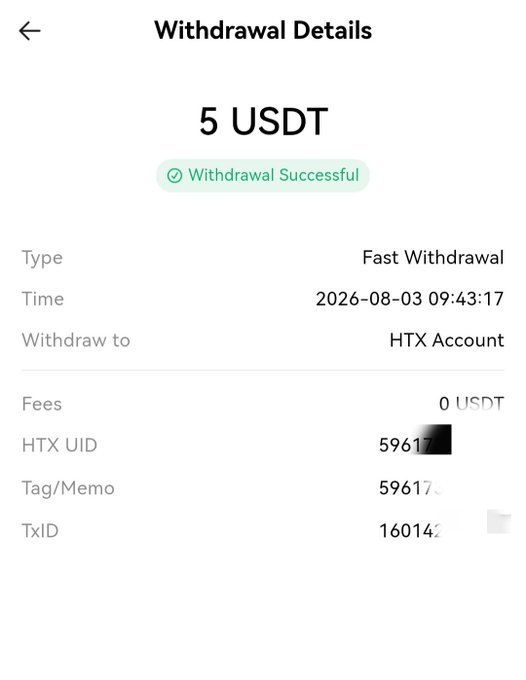 A withdrawal confirmation screen shows '5 USDT' successfully withdrawn to an 'HTX Account' at timestamp '2026-08-03 09:43:17'.