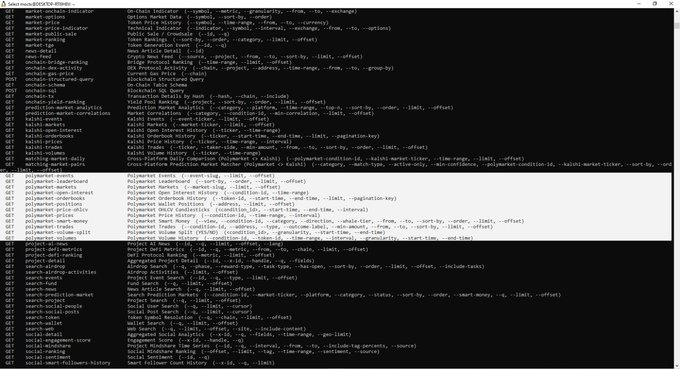 Terminal window displaying a list of Polymarket command-line tool options and subcommands, such as 'markets-list' and 'markets-prices'.