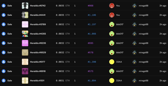 An OpenSea activity feed shows multiple sales of 'Heraldia' NFTs for around 0.0031-0.0035 ETH each, purchased by users including 'mirage88', with bids ranging from #695 to #1,390.