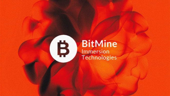 A logo for 'BitMine Immersion Technologies' with a Bitcoin symbol is displayed over an orange, smoky background.