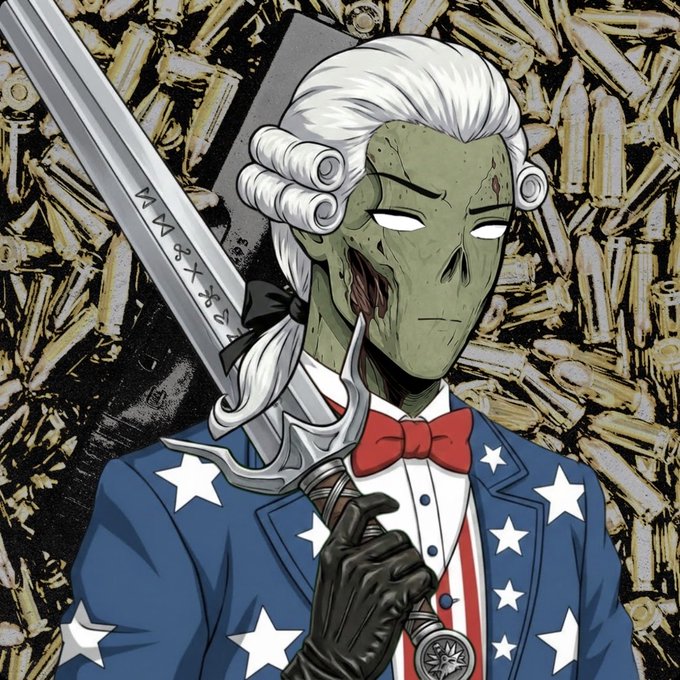 This image depicts Patriots NFT #6648, a zombie adorned in Uncle Sam attire and holding a sword. The image matches the description provided in the accompanying post.