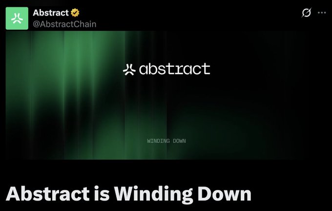 A screenshot of Abstract Chain's (@AbstractChain) Twitter/X post featuring its logo and the text "WINDING DOWN," with a headline reading "Abstract is Winding Down." The image visually reinforces the announcement that the Ethereum Layer 2 network is shutting down to prioritize Pudgy Penguins, Pudgy NFTs, and the $PENGU token.
