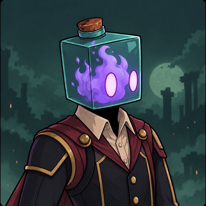 An illustrated character in formal attire has a glowing purple, cube-shaped head or bottle-like helmet, set against a dark fantasy cityscape with a full moon.