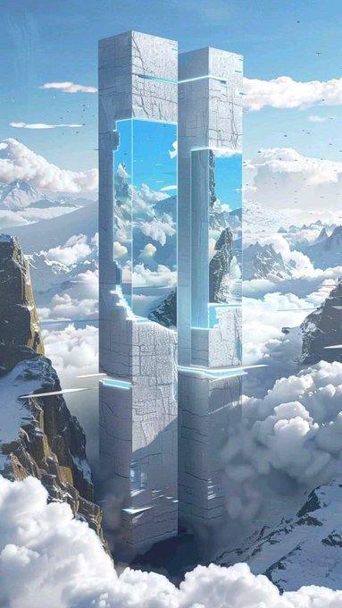 A digital artwork depicting a futuristic glass and stone tower floating above clouds in a snowy mountain landscape.