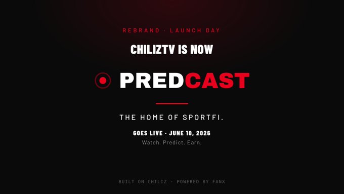 The image features a poster for a sports event that has been moved from its original location. The poster displays the text "ChilizTV is now PredCast" and "The home of SportFi goes live June 10, 7pm CET." It also includes an image of a person watching the event on television. The poster's design suggests it was created by FanX for Chiliz TV.