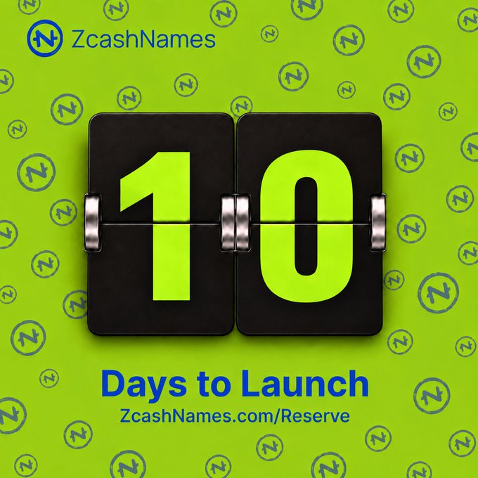 A promotional graphic for ZcashNames showing a flip counter displaying '10' with text 'Days to Launch' and 'ZcashNames.com/Reserve'.