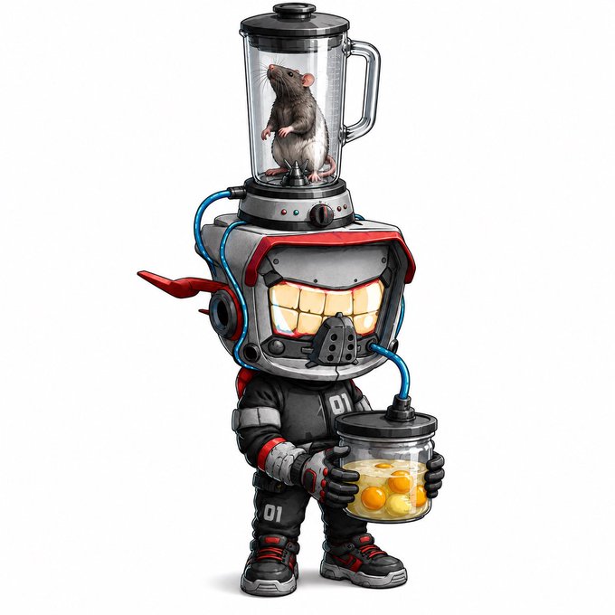 A 3D-rendered cartoon character in a spacesuit-style outfit with a blender on its head containing a rat, holding a container of yellow liquid with floating eggs.
