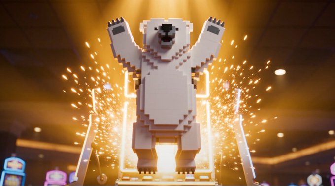 3D pixelated white bear figure with raised arms standing on a platform surrounded by glowing golden sparks and lights, resembling a Minecraft-style character.