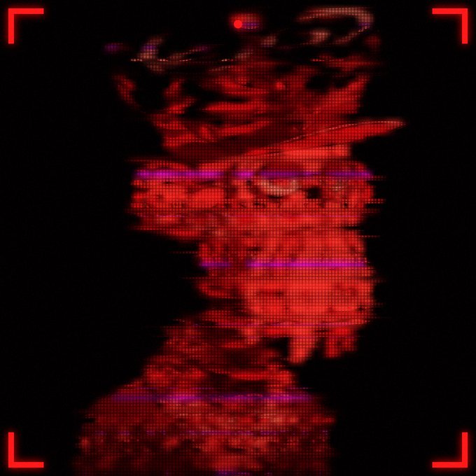 A distorted, glitchy red figure or face on a black background, framed by red corner brackets resembling a camera viewfinder or scanning interface.