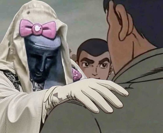 A religious statue adorned with a pink bow reaches out to a man in an anime-style illustration, humorously edited to suggest divine approval. The image reinforces the post's message that holding "cat coin" is a blessed and profitable decision, with the cat-themed deity endorsing the choice.