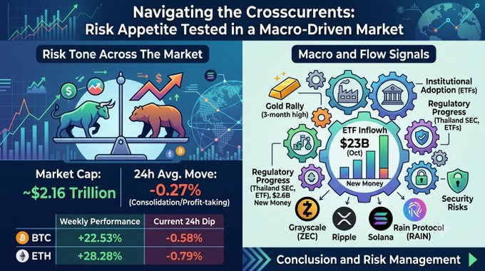 An infographic titled 'Navigating the Crosscurrents: Risk Appetite Tested in a Macro-Driven Market' shows crypto market data with BTC and ETH performance, plus sections on ETFs and regulatory progress.