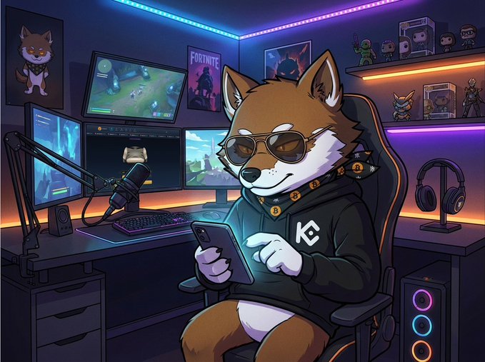 The image features a cartoon fox wearing sunglasses and a black hoodie sitting at a desk with a computer monitor and keyboard. The fox appears to be using a cell phone or tablet while seated, possibly browsing the internet or playing a game. The background of the image is dark blue, which contrasts with the lighter colors used for the fox's attire and accessories. In the bottom right corner of the image, there is text that reads "Listing $LOBO would be a very wolfish thing to do @kucoincom". This suggests that the fox might be discussing or promoting a game called "Looming Wolf", which could be related to the cartoon character in the image.