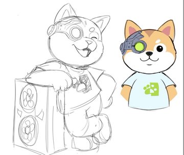 The image shows a side-by-side comparison of a mascot character — a pencil sketch on the left of a cat-like figure wearing goggles and leaning on a PC tower, and a polished, colored version on the right featuring a similar cat character with a green eye and a shirt displaying an "AI" logo. The post references this as a rebrand design for an unofficial Nvidia $AI mascot, highlighting the transition from a rough concept sketch to a more professional, market-ready version that will be used for a website.