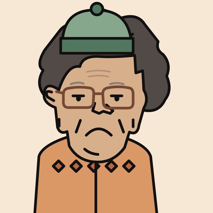 A cartoon illustration of a sad elderly woman wearing glasses and a green winter hat, dressed in an orange patterned top.