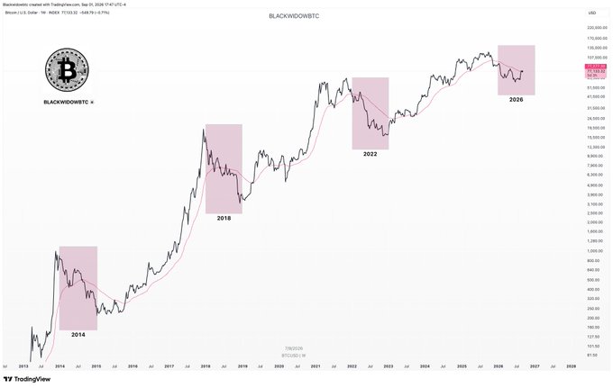 A TradingView chart of $BTCUSD on the 1W timeframe from Blackwidowbtc shows Bitcoin's price history from 2013 to 2027, with every fourth year (2014, 2018, 2022, and 2026) highlighted in pink boxes to emphasize recurring four-year cycles, currently showing a price of approximately 68,991.