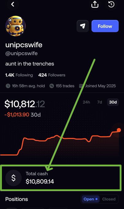 A screenshot of a social media profile 'unipcswife' (@unipcswife) displaying 'aunt in the trenches', with follower statistics and a portfolio value of $10,812.12, with a green arrow pointing to a 'Total cash' of $10,809.14.