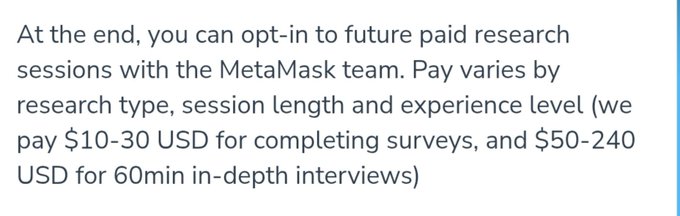 The image shows text offering paid research opportunities with MetaMask, where participants can earn $10-30 USD for surveys or $50-240 USD for 60-minute interviews. This serves as the official source for the promotional post claiming to earn $10-240 for completing MetaMask surveys, with the image confirming the specific payout ranges and research formats mentioned in the post.