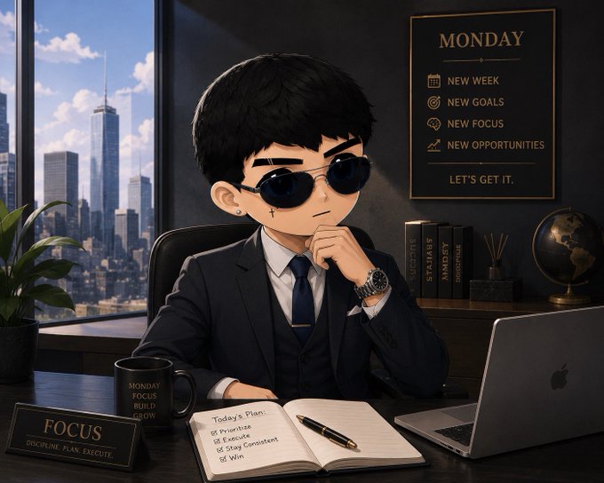 Cartoon-style illustration of a young man in a suit and sunglasses at a desk with a 'MONDAY' motivational poster, planning out his day.
