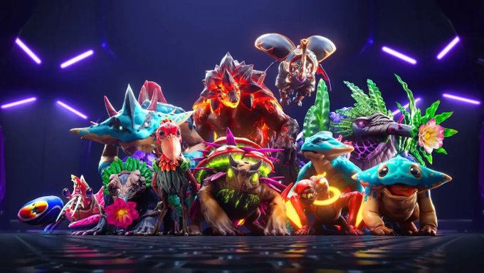 A group of colorful, fantasy-style monster creatures gathered together against a dark background with purple neon lights.