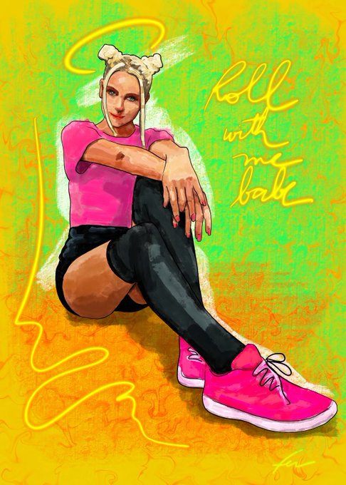 A stylized digital illustration shows a woman with a halo and angel-like hair buns sitting with crossed legs, wearing a pink top, black thigh-high stockings, and bright pink sneakers against a vibrant green and yellow textured background with "roll with me babe" written in cursive. The image appears to be a creative, punk-art-style piece promoting the artist's "Roll with Me Babe" NFT artwork on SuperRare, matching the post's casual GM greeting and marketplace link.
