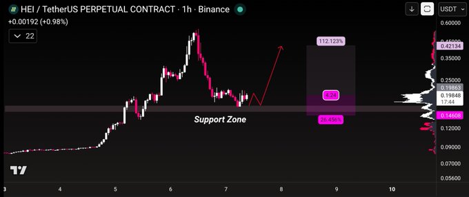 A 1-hour candlestick chart of the HEI/USDT perpetual contract on Binance, showing a price of 0.2134 (+0.98%, +0.00192), with a highlighted "Support Zone" around 0.14045–0.19846 and a potential upside target near 0.42134, reflecting the bullish $HEI trading plan referenced in the post.