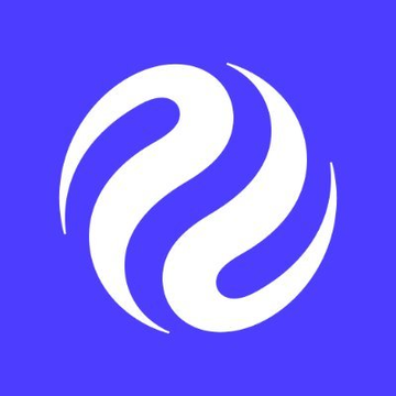 A white stylized logo resembling a swirl or yin-yang symbol on a solid blue background.