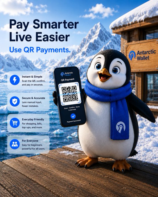 The image features an adorable penguin standing on a wooden platform, holding up a smartphone displaying a QR code. The text in the image reads "Pay Smarter Live Easier Use QR payments", which suggests that the penguin is promoting the use of QR codes for payment purposes. This could be related to cryptocurrency or digital transactions, as indicated by the post's title.
