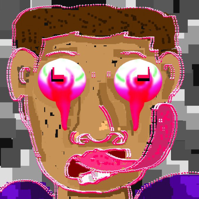 A pixelated, stylized portrait of a brown-skinned figure with glowing pink, crying eyes and an open mouth.