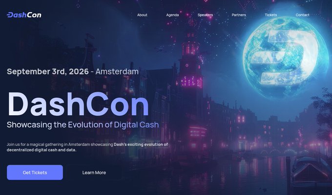 A promotional banner for DashCon, a digital cash conference, displayed against a nighttime Amsterdam cityscape with a glowing blue "D" logo. Key details include the event date "September 3rd, 2026" in Amsterdam, the tagline "Showcasing the Evolution of Digital Cash," and a "Get Tickets" button, aligning with the post's announcement of the upcoming event where tickets remain open and speakers will soon be revealed.