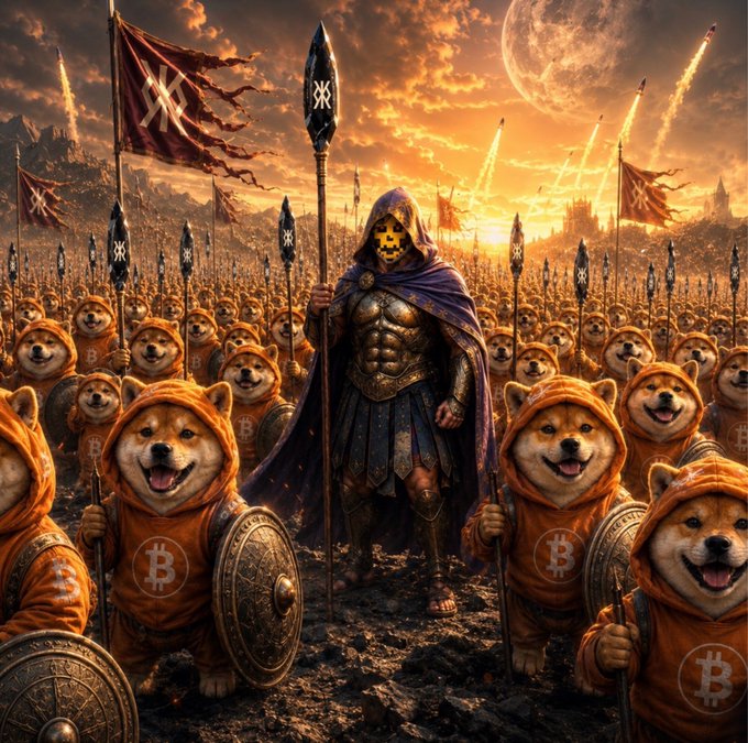 A fantasy artwork depicting an army of Shiba Inu dogs wearing orange Bitcoin logo hoodies and carrying spears and shields, led by a hooded armored warrior holding a flag.