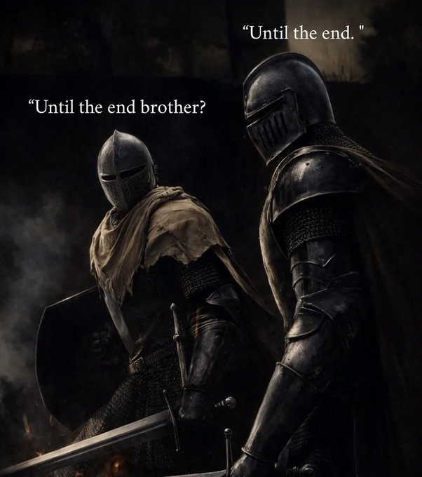 Two knights in dark armor stand together in a smoky, dimly lit setting, with one saying 'Until the end brother?' and the other replying 'Until the end.'