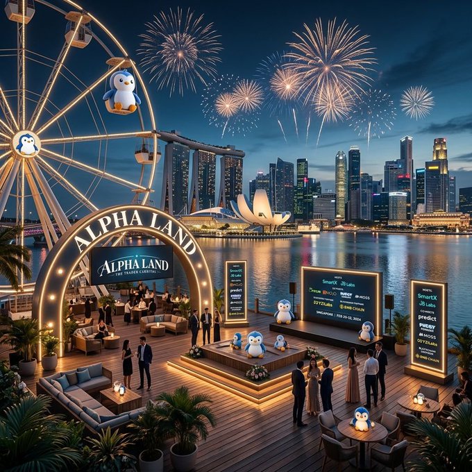 A festive nighttime event scene labeled 'ALPHA LAND' featuring fireworks over a city skyline (resembling Singapore), with a Ferris wheel, screens displaying 'SmartX Labs', and people gathered on a wooden deck.