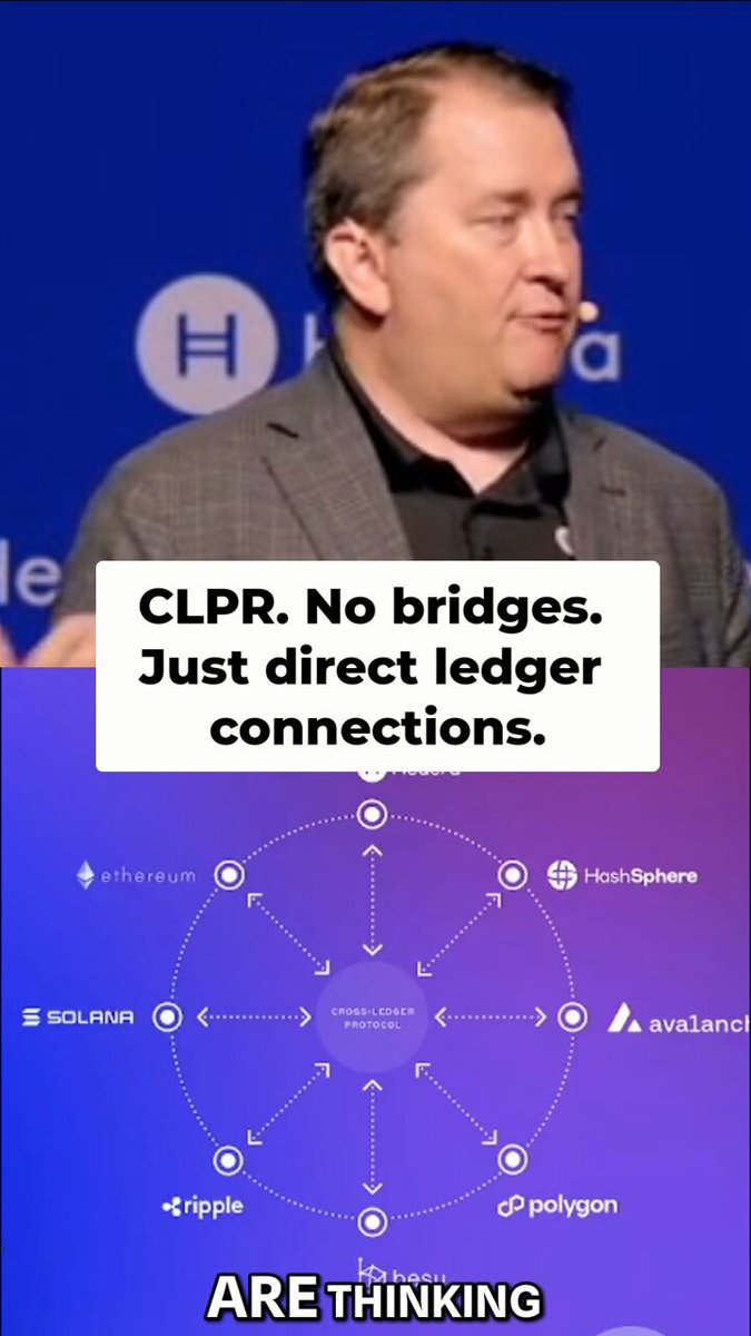 The image shows a man standing next to a blue background with white text that reads "CLPR. No bridges. Just direct ledger connections." The man appears to be speaking at an event or conference. Below this, there are logos for various companies such as Avalanche, Ripple, and Polygon. These logos suggest that the event is focused on blockchain technology and its applications in finance and other industries.