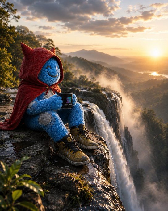 A surreal image of a furry blue character in a red hooded cloak and yellow boots, sitting on a rocky cliff edge overlooking a waterfall while holding a coffee mug at sunset.