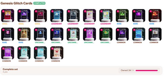A screenshot of a 'Genesis Glitch Cards' collection marked as completed, showing a grid of digital cards with various rarities (Grail, Legendary, Rare, Uncommon, Common) and a progress bar indicating 24/24 cards owned.