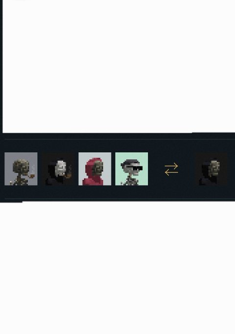 A dark user interface panel showing pixel art avatars of zombies/zombie heads, with a sequence arrow indicating a transformation or selection between different character sprites.