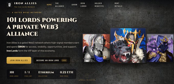 A website banner for Iron Allies, a gated Web3 network, advertising '101 Lords Powering a Private Web3 Alliance' with a 1/1 collection on Ethereum at 0.25 ETH.