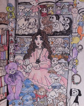 A colorful, densely packed illustration of a girl with long dark hair surrounded by shelves and piles of various cartoon stuffed animals and toys.