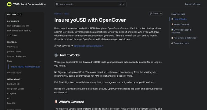 A screenshot of 'YO Protocol Documentation' with a page titled 'Insure yoUSD with OpenCover' explaining risk-conscious coverage for DeFi positions.
