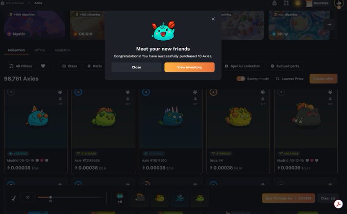 A notification in the Axie Infinity marketplace reads "Meet your new friends - Congratulations! You have successfully purchased 10 Axies," with 10 newly acquired axies visible in the inventory below, corresponding to the "Sweep 10, Release 10" post.