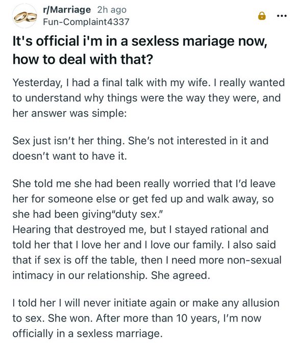 The image shows a text message or email from someone named "Rookie Bride" that reads, "It's official I'm in a seless marriage now, How to deal with that? Yesterday, had a final talk with my wife. I really wanted to understand why things were the way they were, and her answer was simple: Sex just isn't her thing." The message seems to be directed towards someone named "Rookie Bride" who is married, but it's unclear if this person is the intended recipient of the message or not.