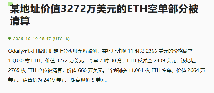 A news headline in Chinese reports that part of a whale's ETH short position worth $32.72 million was liquidated, with 2,765 ETH ($6.66M) liquidated at 7:30 AM as ETH rebounded to $2,409, leaving 11,061 ETH ($26.64M) remaining with a liquidation price of $2,419, just $9 away from current levels.