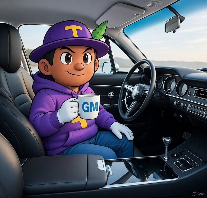 A cartoon character in a purple hoodie and cap with a 'T' logo sits in the driver's seat of a car holding a mug labeled 'GM'.