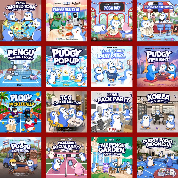 A grid of colorful cartoon penguin event posters featuring Pudgy Penguins-themed gatherings like 'PENGU WORLD TOUR', 'PUDGY POP UP', 'PENGU PICKLEBALL SOCIAL', and 'KOREA TCG MEETUP'.