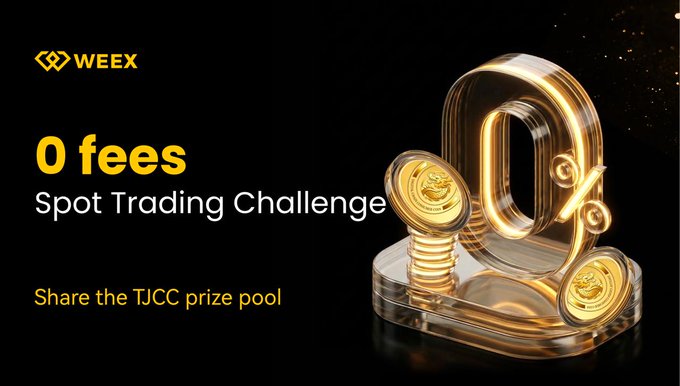 A promotional banner for Weex exchange features a glowing 3D "0%" surrounded by gold coins, advertising a "Spot Trading Challenge" with "0 fees" and the tagline "Share the TJCC prize pool."