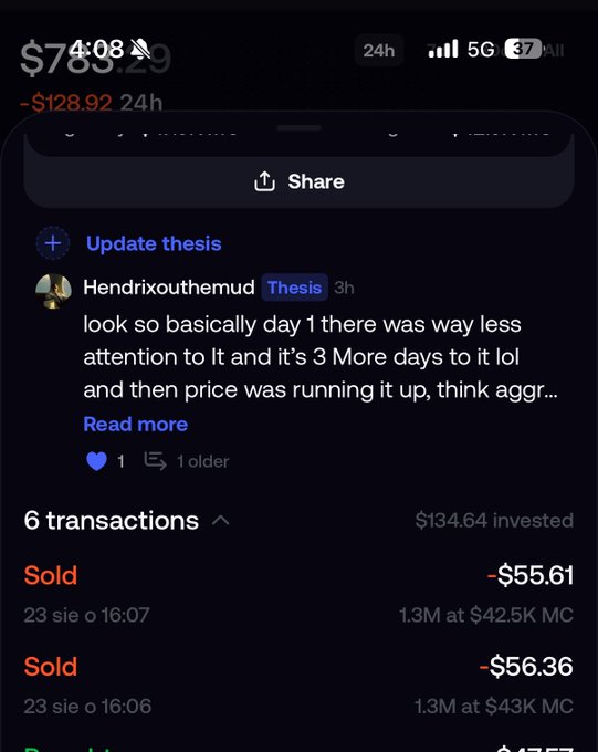 A mobile app screenshot shows investment details with a portfolio value of $789.29 (down $128.92 in 24h) and multiple "Sold" transactions at a loss.