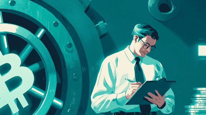 The image features an illustration of a man dressed in a suit, standing next to a large safe or vault door with a Bitcoin logo on it. The man appears to be writing something down, possibly filling out a form or signing a document related to cryptocurrency transactions. The text "TRIA is redefining the crypto experience" suggests that the man might be involved in some sort of cryptocurrency-related activity.